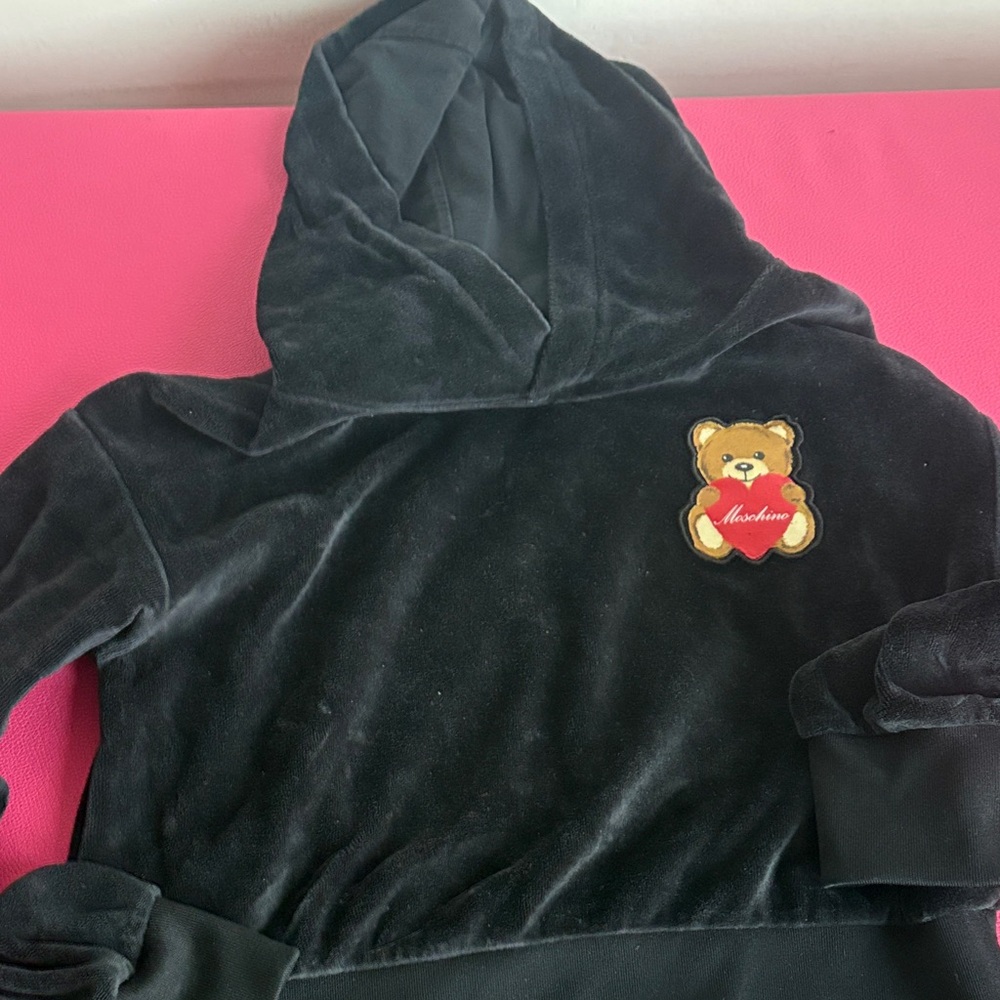 Moschino Black Velour Kids Hoodie with Teddy Heart Patch